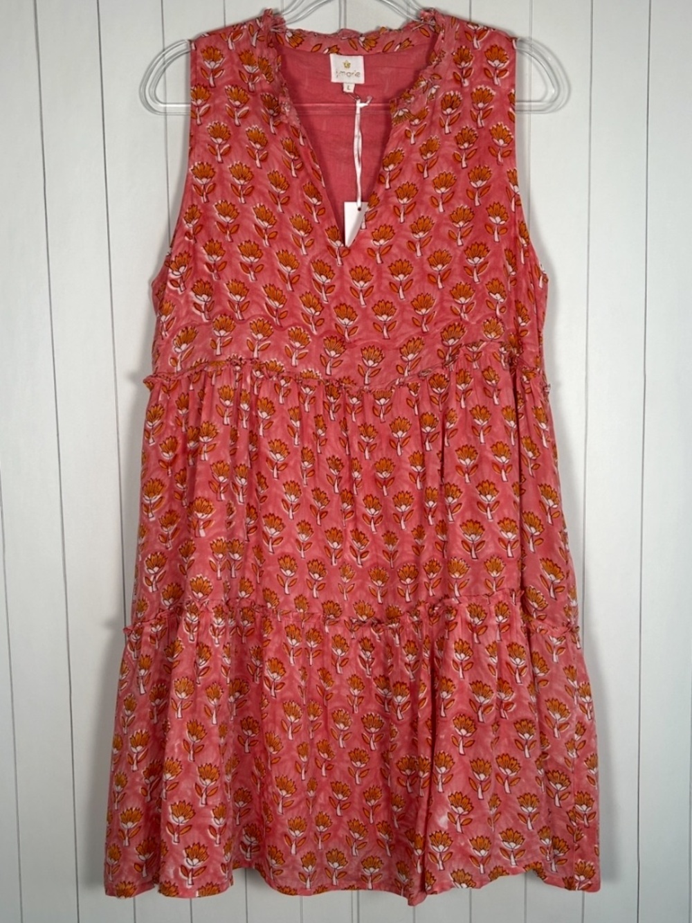 J. Marie size L tiered dress pink block print floral sleeveless v-neck boho NEW